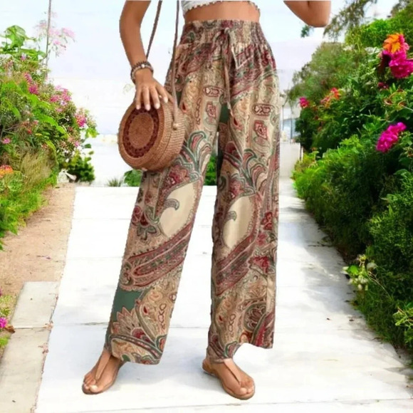 🆕️XL Boho Bliss 🌸✨ - Trendy Paisley Wide-Leg Pants with Tassel Tie and Pockets - Picture 8 of 12